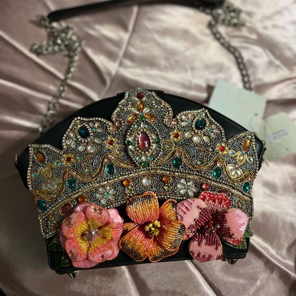 Mary Frances Black Crossbody Bag with Jewel and Floral Embellishments